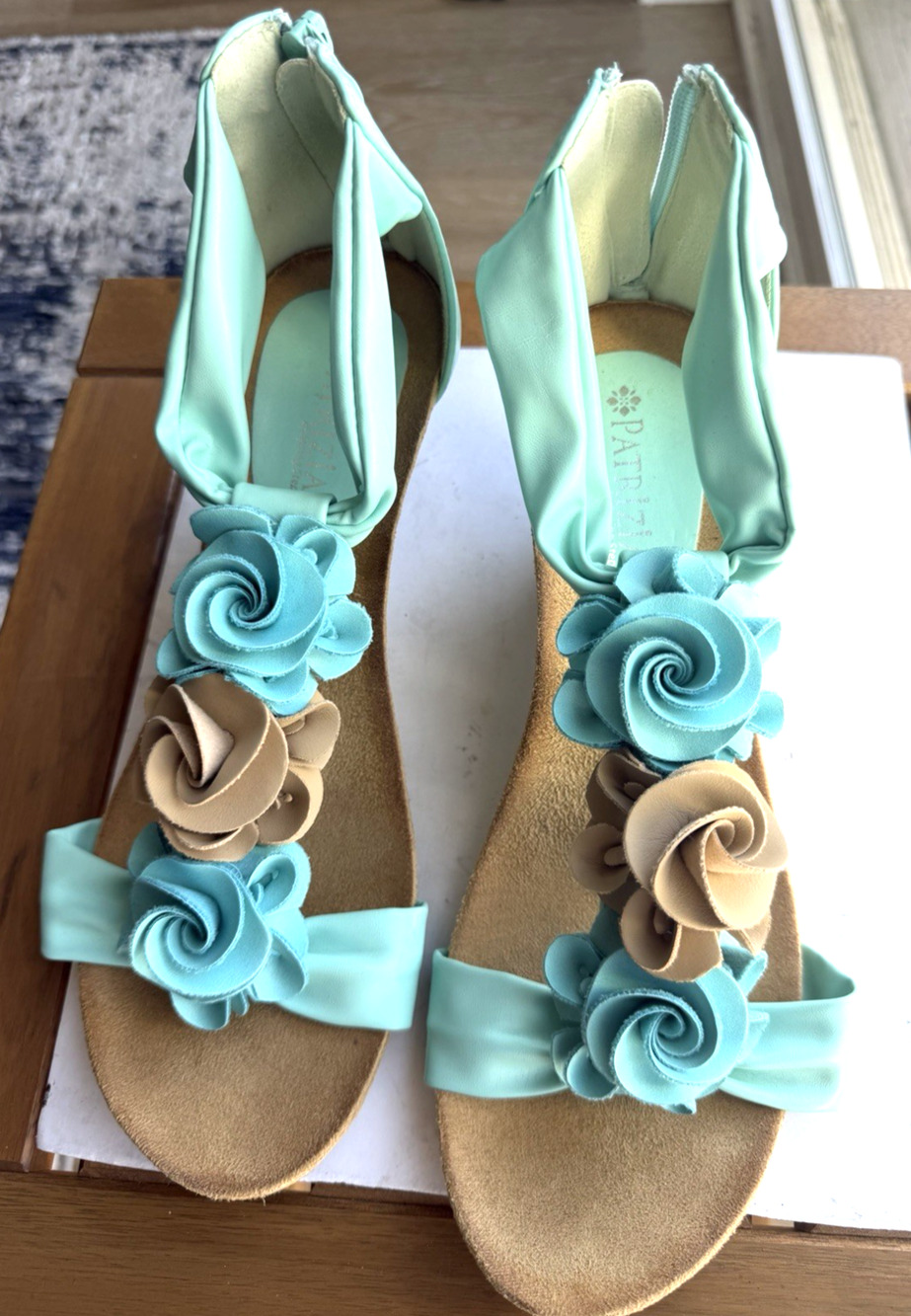 Patrizia by Spring Step Sandals 41 Mint Floral Rosette Wedge Ankle Strap Comfort